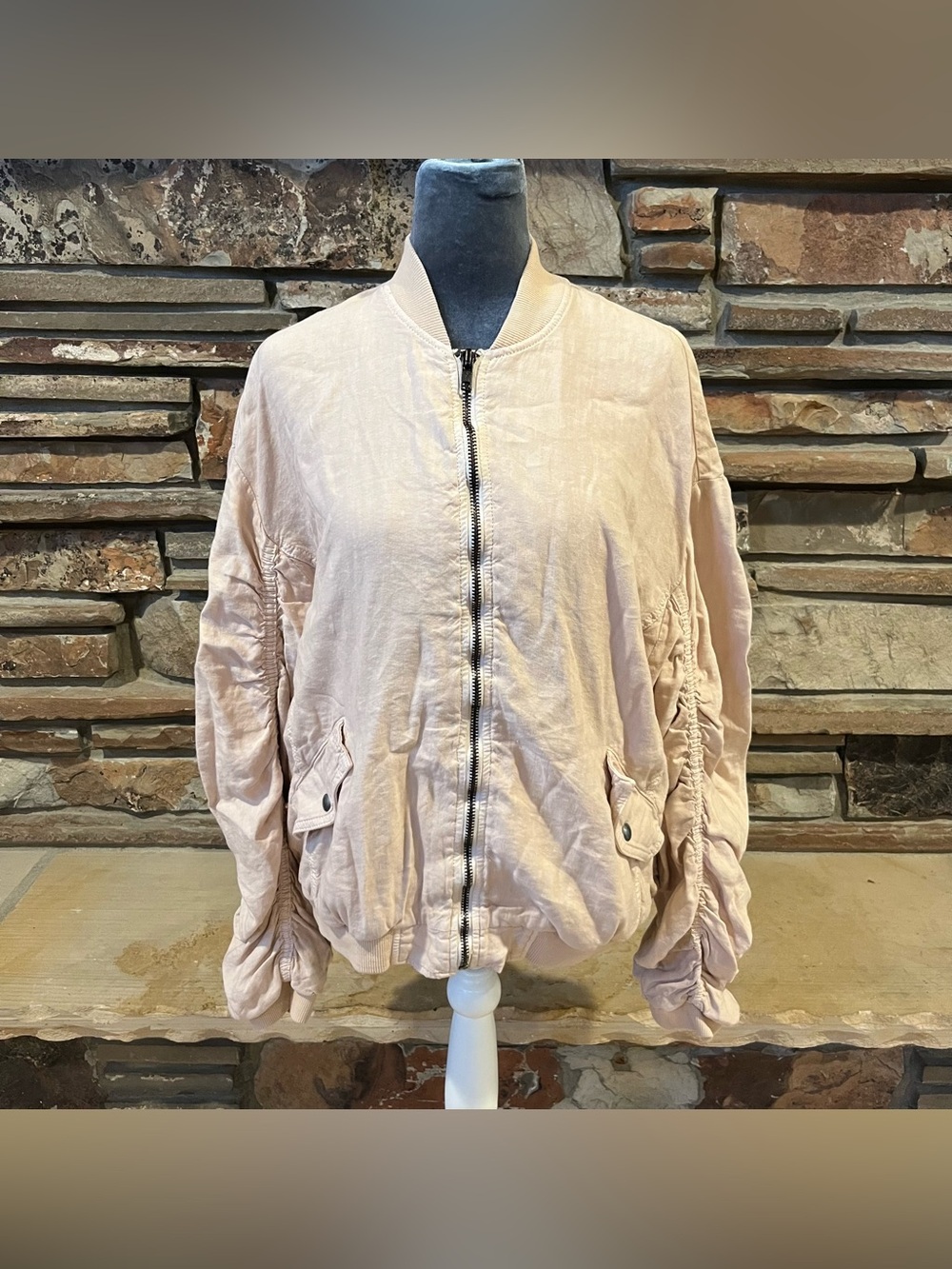 Free People Linen Blend Cream Ruched Bomber Jacket